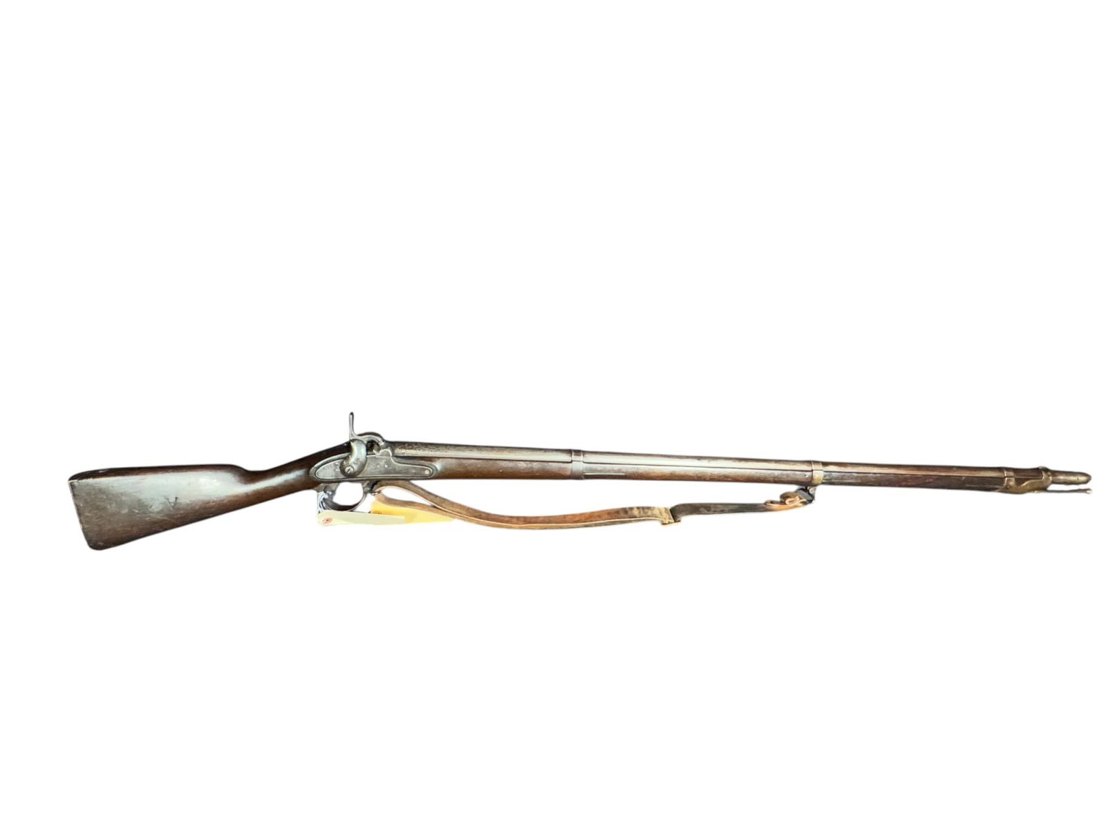 1849 US HARPERS FERRY MODEL 1842 .75 CAL RIFLE: 1849 US Harpers Ferry Model 1842 .75 caliber percussion rifle. Side plate stamped Harpers Ferry / 1842 and eagle / US. Barrel stamped V / P / eagle head. Wood stock. Letters carved on right side of bu