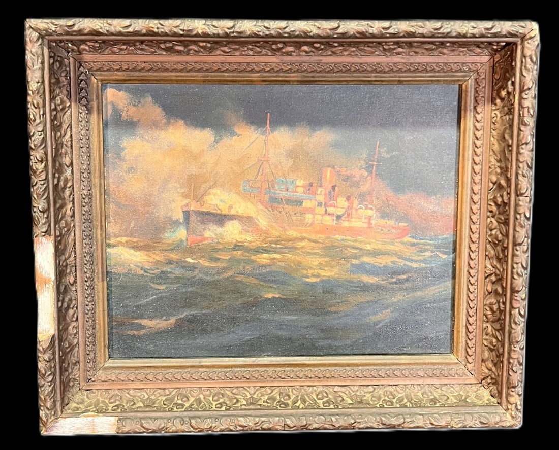 SHIP AT SEA PAINTING: SHIP AT SEA PAINTING IN DETAILED WOODEN FRAME Height: 15 in. by Width: 18 in.