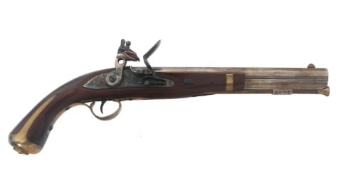 PEDERSOLI HARPERS FERRY FLINTLOCK PISTOL: PEDERSOLI HARPERS FERRY FLINTLOCK PISTOLS Pedersoli Harpers Ferry .58 caliber flintlock pistol. Barrel stamped "Pedersoli Made in Italy". Lock plate stamped "Harpers Ferry". Case hardened lock plate. 