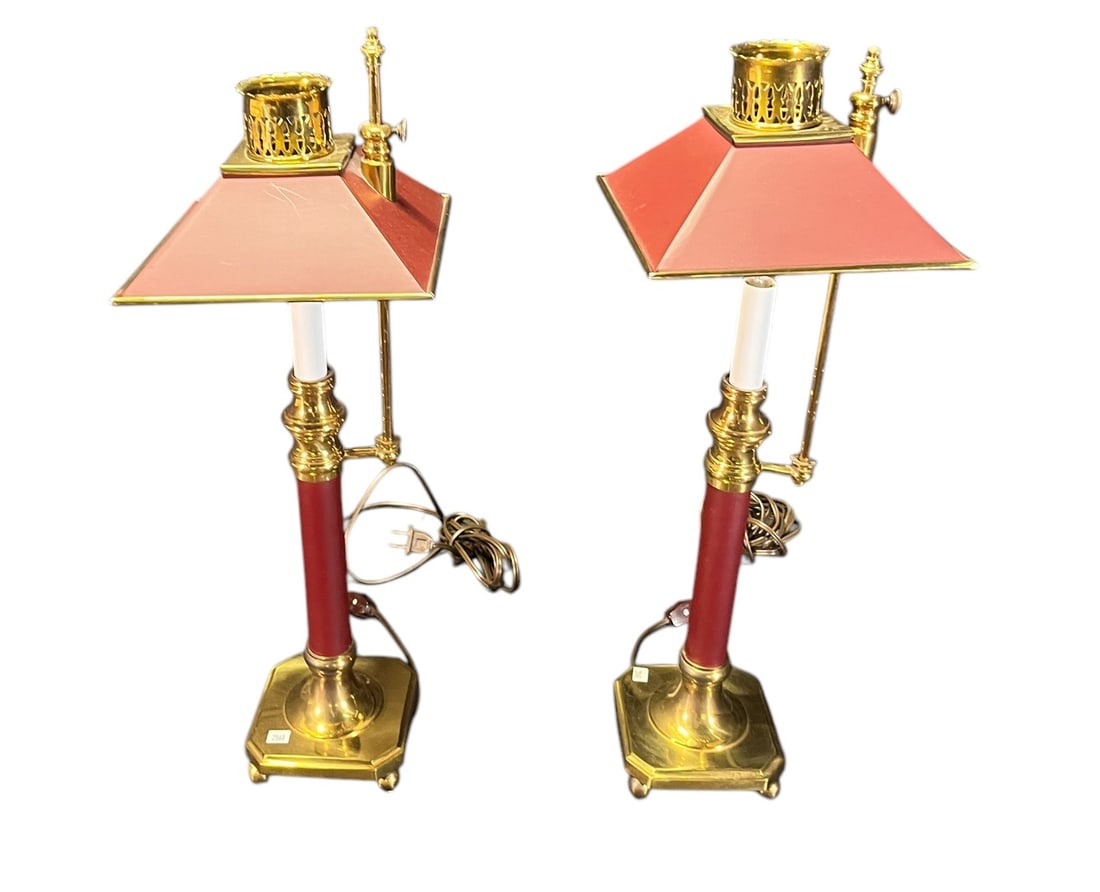 PAIR OF VINTAGE CANDLE STYLE BRASS LAMPS: PAIR OF VINTAGE CANDLE STYLE BRASS LAMPS. Height: 22 in. by Width: 7.5 in. by Depth: 7.5 in.