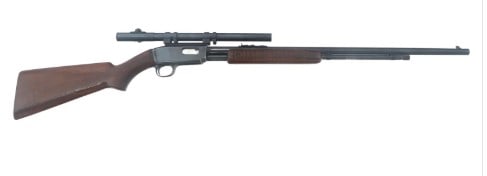 WINCHESTER MODEL 61 .22 CALIBER PUMP ACTION RIFLE: WINCHESTER MODEL 61 .22 CALIBER PUMP ACTION RIFLE. Winchester Model 61 .22 S-L-LR caliber pump action rifle. Blued finish. Wood stock. Adjustable rear sight. Mossberg Model M4D 4 Power scope with cros