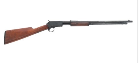 1908 WINCHESTER MODEL 1906 .22 S CALIBER RIFLE: 1908 WINCHESTER MODEL 1906 .22 S CALIBER RIFLE. 1908 Winchester Model 1906 .22 S caliber slide action takedown rifle. Blade front sight. Adjustable rear sight. Wood stock. Checkered Winchester butt pl