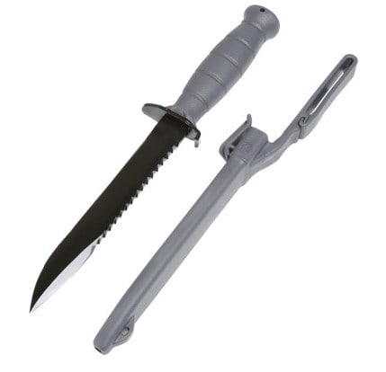 Glock Field 7" Fixed Clip Knife: Glock Field 7" Fixed Clip Point Plain/Saw Black High Carbon Steel Blade/ Gray Textured Trimond Polymer Handle Clamshell Packaging.