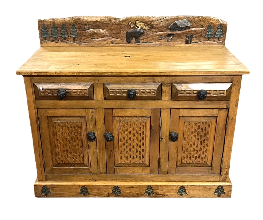 WOODEN CARVED BUFFET CABINET: WOODEN CARVED BUFFET CABINET. Height: 40 in. by Width: 48 in. by Depth: 20 in.