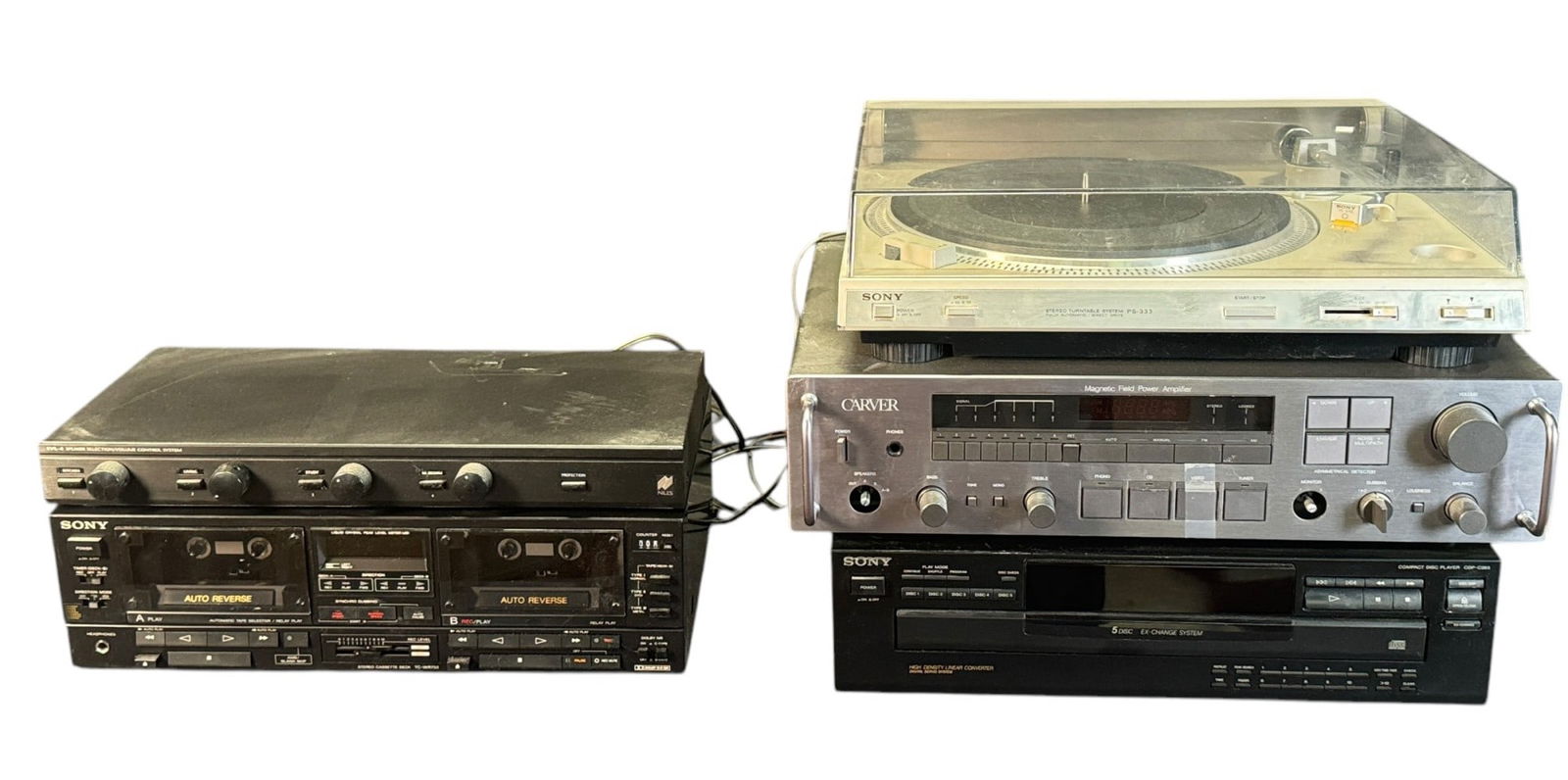 STEREO EQUIPMENT: STEREO EQUIPMENT CARVER RECEIVER SONY TURNTABLE SONY 5 DISC PLAYER SONY CASSETT SPEAKER CONTROLLER