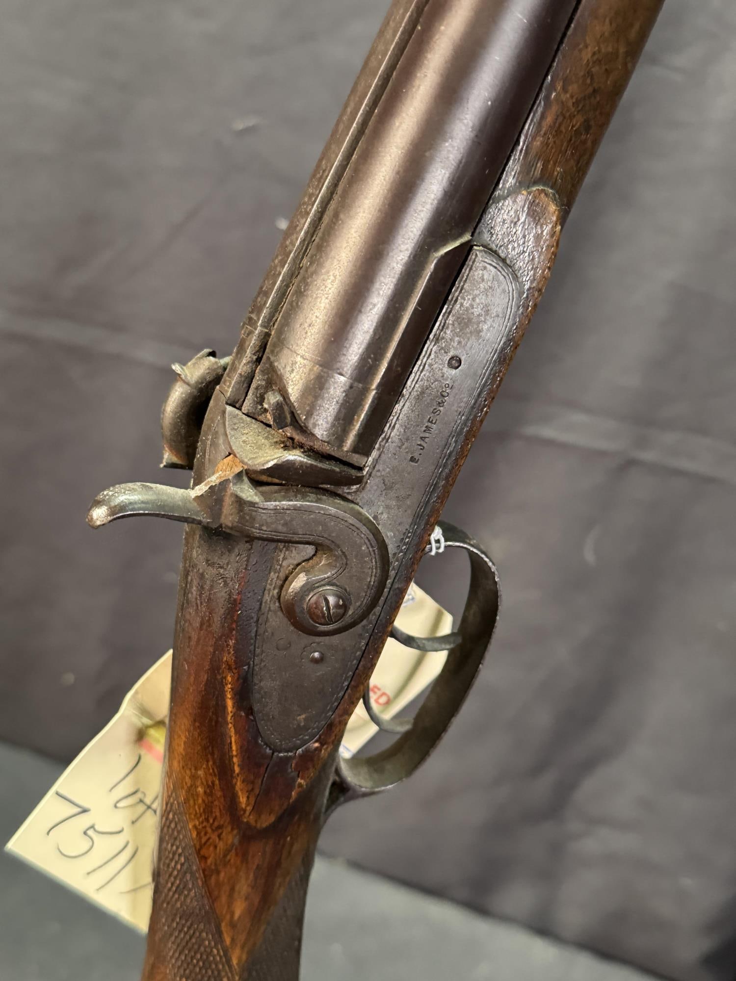 Canon & A. Rubans 12 gauge side by side percussion: Canon & A. Rubans 12 gauge side by side percussion shotgun. Both barrels are fixed full choke. Checkered wood stocks. Bead front sight. ANTIQUE