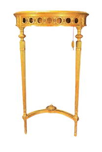 CIRCA 1800 FRENCH NEOCLASSICAL DEMILUNE CONSOLE: CIRCA 1800 FRENCH NEOCLASSICAL GILDED WALL MOUNT DEMILUNE CONSOLE TABLE. Height: 39 in. by Width: 20 in. by Depth: 11 in.