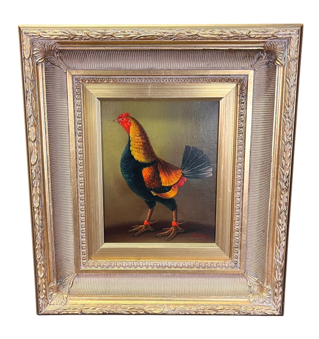 VINTAGE EVANS ROOSTER OIL PAINTING: VINTAGE EVANS ROOSTER OIL PAINTING. Height: 18.5 in. by Width: 16.5 in.