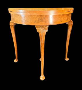 VINTAGE FRENCH STYLE DEMILUNE CONSOLE TABLE: VINTAGE BURLED WOOD FRENCH STYLE DEMILUNE CONSOLE TABLE. FOLDS TO BECOME GAME TABLE. Height: 29 in. by Width: 30 in. by Depth: 15 in.