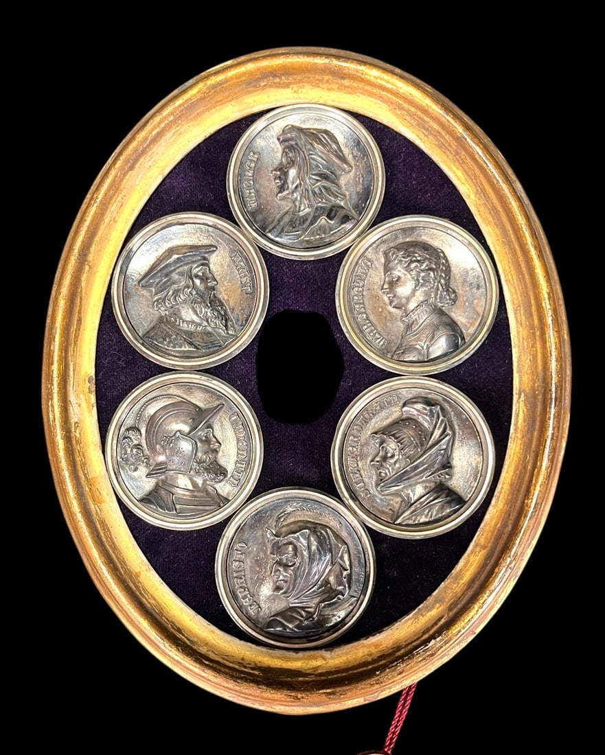 GERMAN 1860's HISTORICAL FIGURES RELIEFS ON PURPLE VELVET AND GILT FRAME. (1 of 3)