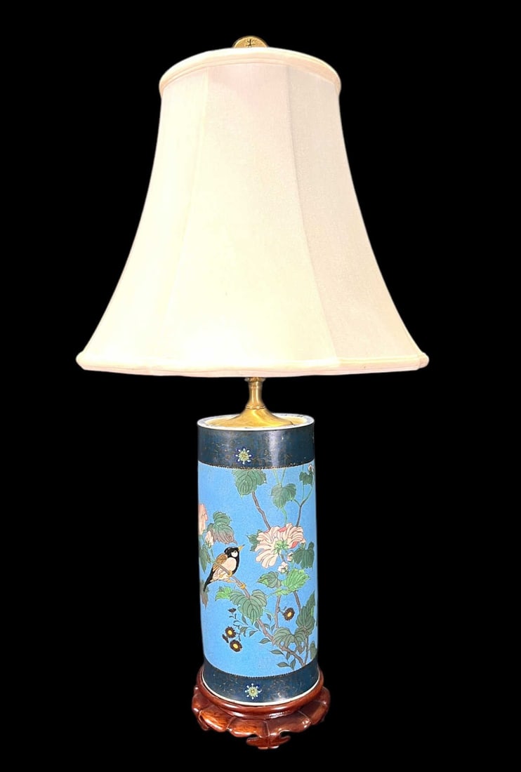 19th CENTURY BLUE CLOISONNE FLORAL TABLE LAMP (1 of 4)