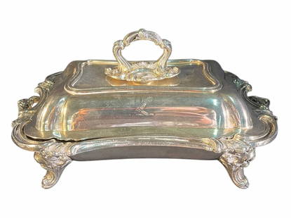 ENGLISH SILVER PLATED LIDDED SERVING DISH: ENGLISH SILVER PLATED LIDDED SERVING DISH. Height: 8 in. by Width: 19.5 in. by Depth: 10 in.