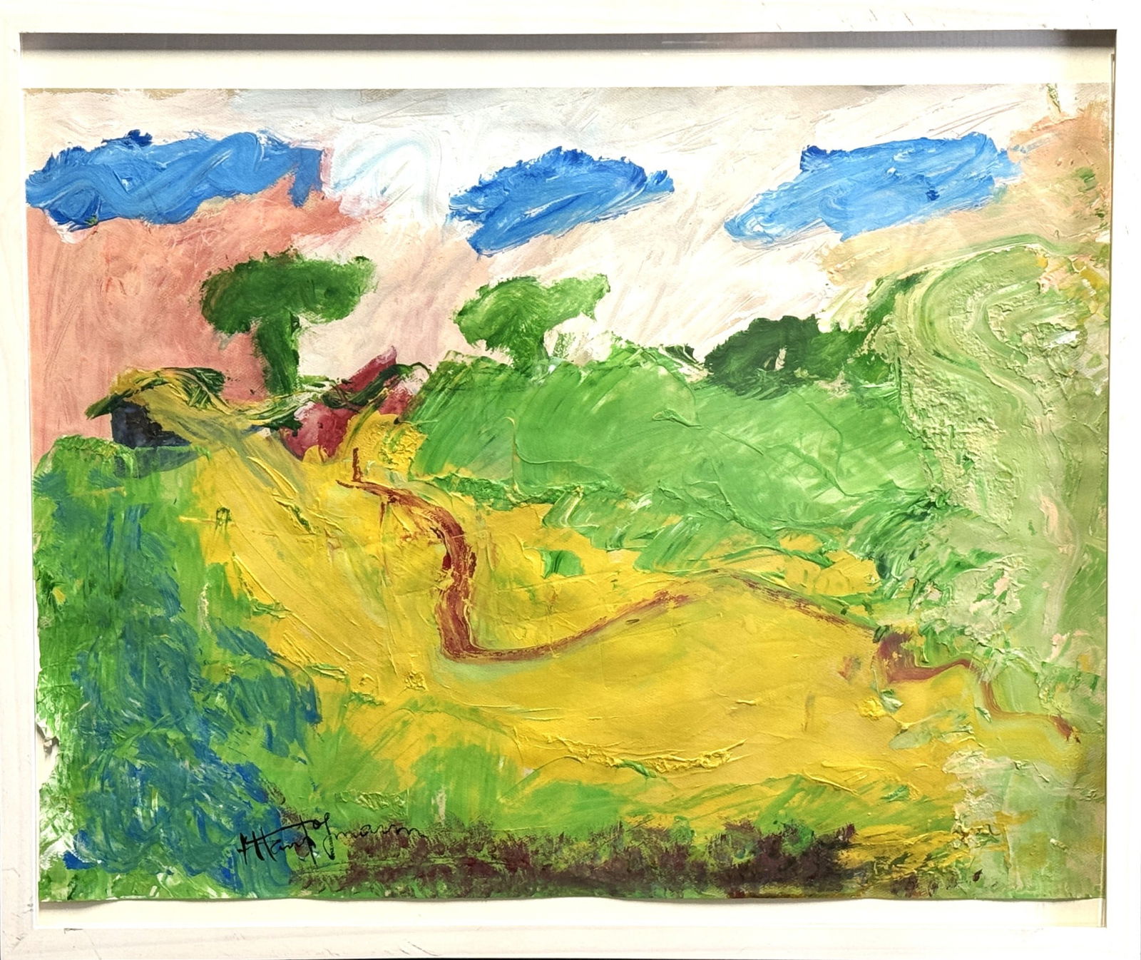 HANS HOFFMAN EXPRESSIONIST LANDSCAPE: HANS HOFFMAN EXPRESSIONIST LANDSCAPE OIL ON CANVAS, HAND SIGNED LOWER RIGHT. Height: 21 in. by Width: 25