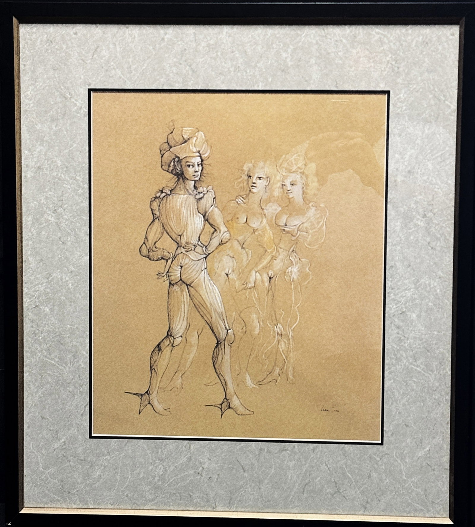 LEORNA FINI "CARNIVAL" PENCIL AND CHALK DRAWING: LEORNA FINI "CARNIVAL" PENCIL AND CHALK DRAWING. Height: 26 in. by Width: 2 in. by Depth: 3
