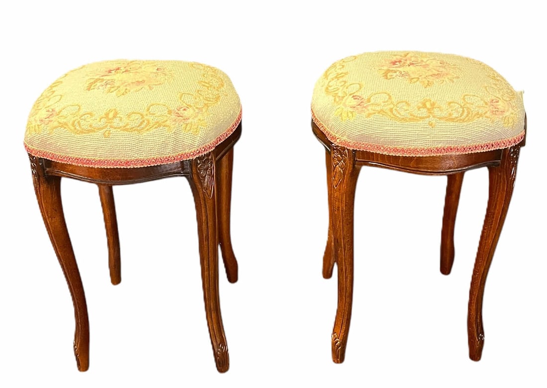 PAIR OF FLORAL NEEDLEPOINT WOODEN STOOLS: PAIR OF FLORAL NEEDLEPOINT WOODEN STOOLS. Height: 19 in. by Width: 13.5 in. by Depth: 13.5 in
