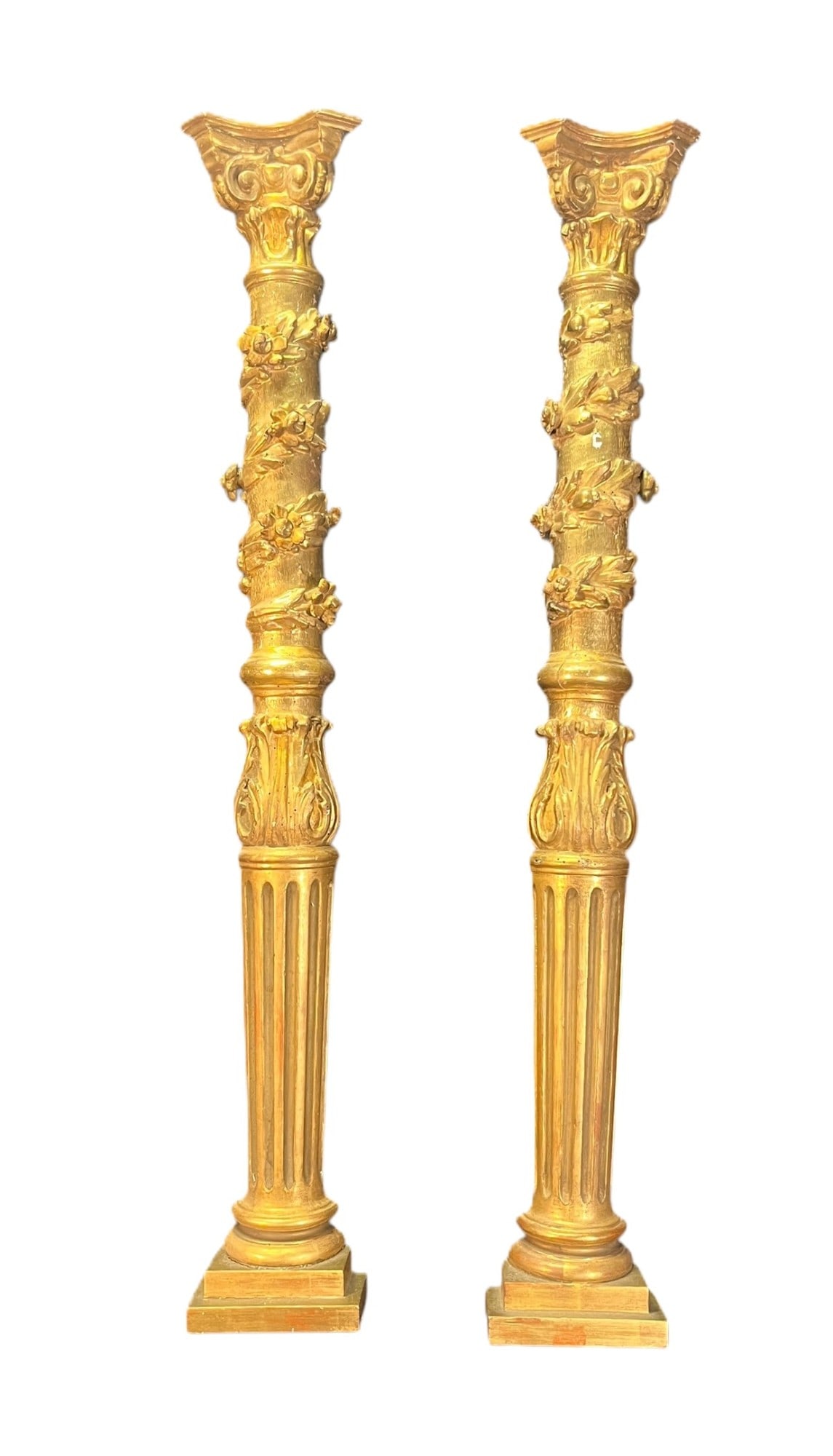 PAIR OF 18TH CENTURY GILDED GOLD 1/2 COLUMNS: PAIR OF 18TH CENTURY GILDED GOLD 1/2 COLUMNS. Height: 49 in. by Width: 7 in. by Depth: 3.5 in.