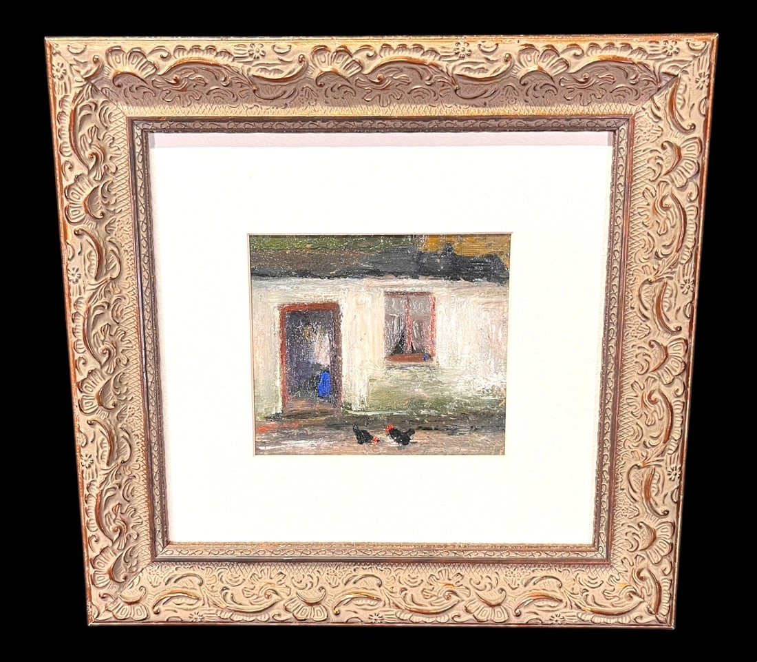 LOUIS CORINTH "HENS OUTSIDE" OIL ON PAPER, 1910: LOVIS CORINTH (FRENCH 1858-1925) "HENS OUTSIDE OF A HOUSE" OIL ON PAPER, 1910. Height: 12 in. by Width: 12 in.