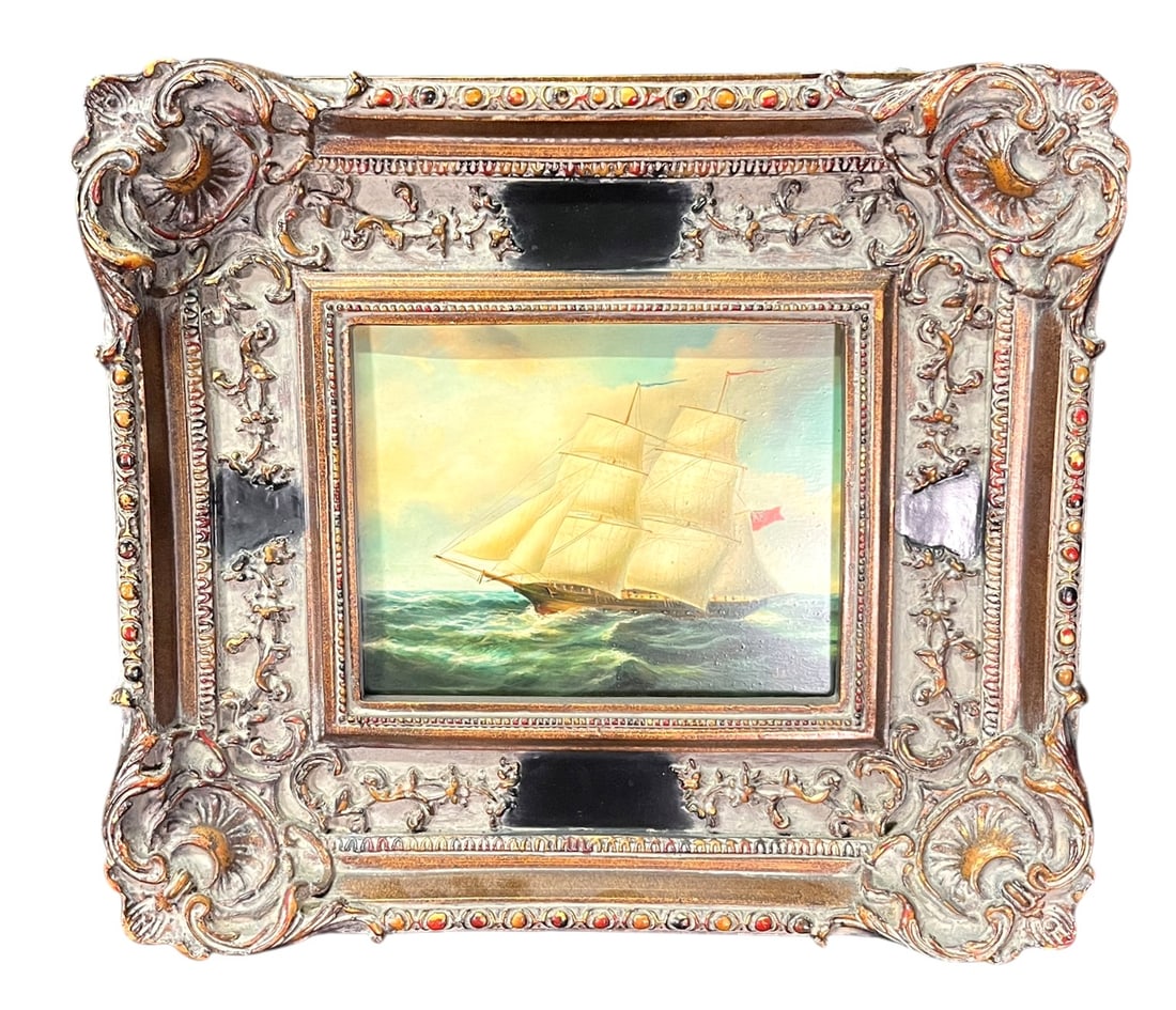 SHIP SCENE ON WOOD PANEL PAINTING, SIGNED JAMES (1 of 4)