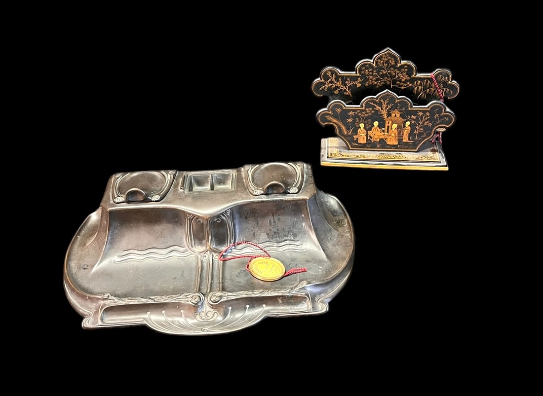 1910 FRENCH BRONZE LETTER DESK, 1810 LETTER HOLDER: 1910 FRENCH BRONZE LETTER DESK AND 1810 CHINESE LETTER HOLDER Height: 3 in. by Width: 19 in. by Depth: 9 in.