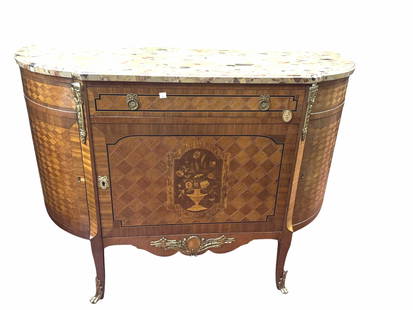 FRENCH MARBLE TOP COMMODE WITH INLAY AND BRONZE: FRENCH MARBLE TOP COMMODE WITH INLAY AND BRONZE MOUNTS, MARQUETRY ON THE CENTER DOOR AND ALL OVER PARQUETRY