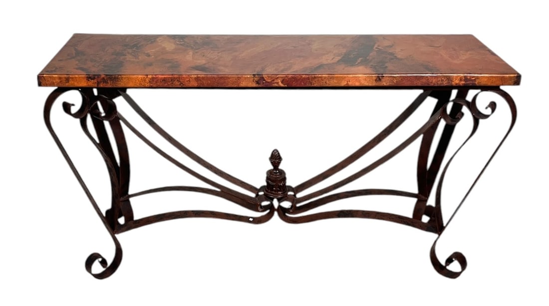 IRON BASE ANDCOPPER TOP CONSOLE TABLE: IRON BASE ANDCOPPER TOP CONSOLE TABLE Height: 32 in. by Width: 59 in. by Depth: 19 in.