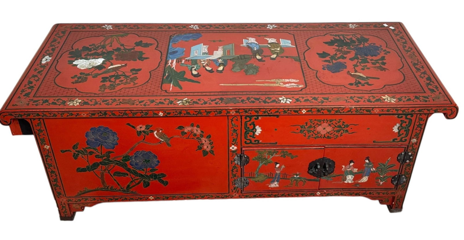 JAPANESE  MING STYLE RED LACQUERED LOW CABINET (1 of 3)