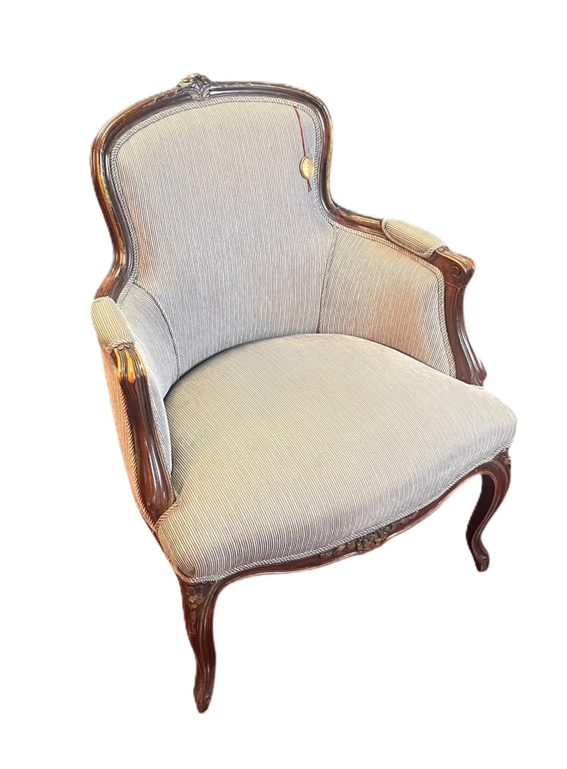 FRENCH C 1840'S LOUIS XV STYLE ARMCHAIR/BERGER: FRENCH C 1840'S LOUIS XV STYLE ARMCHAIR/BERGER Height: 37 in. by Width: 28 in. by Depth: 26 in.