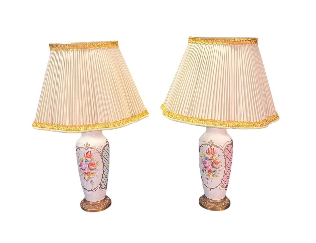 PAIR OF ANTIQUE FRENCH FLORAL PORCELAIN LAMPS: PAIR OF ANTIQUE FRENCH FLORAL PORCELAIN LAMPS W/ SCALLOPED SHADES. Height: 18 in. by Width: 5 in. by Depth: 5 IN.