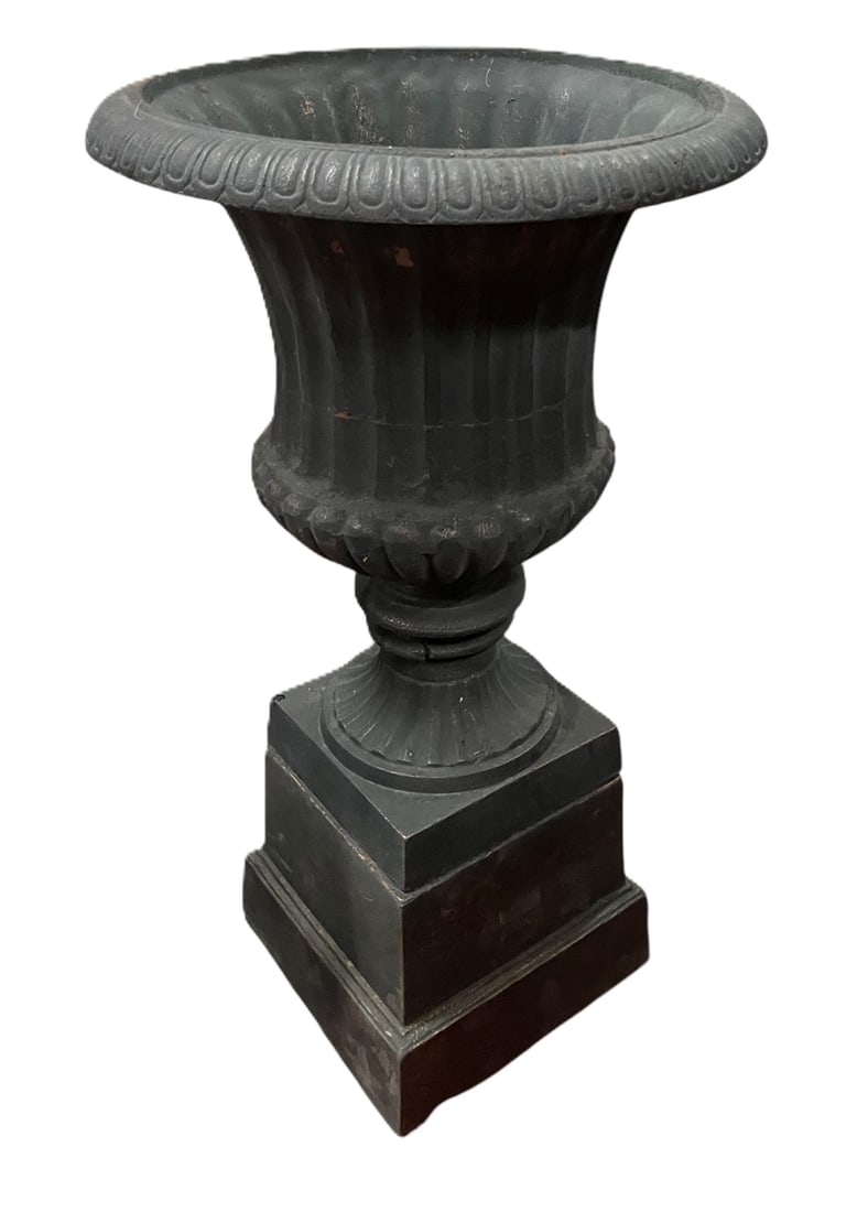 CAST IRON GARDEN URN ON PEDESTAL: CAST IRON GARDEN URN ON PEDESTAL Height: 40 in. by Width: 22 in. by Depth: 22 in.