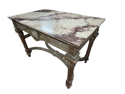 CARVED & PAINTED FRENCH CENTER TABLE WITH: CARVED & PAINTED FRENCH CENTER TABLE WITH MARBLE TOP AND INSET WEDGEWOOD PORCELAIN PLAQUE.