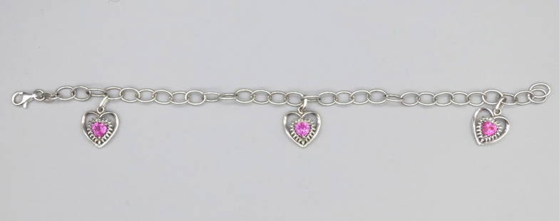 PINK CZ MORGANITE STERLING HEART CHARM BRACELET: PINK CZ MORGANITE STERLING SILVER HEART CHARM BRACELET. Height: 3/16 in. by Width: 7 in. by Depth: 7/8 in.