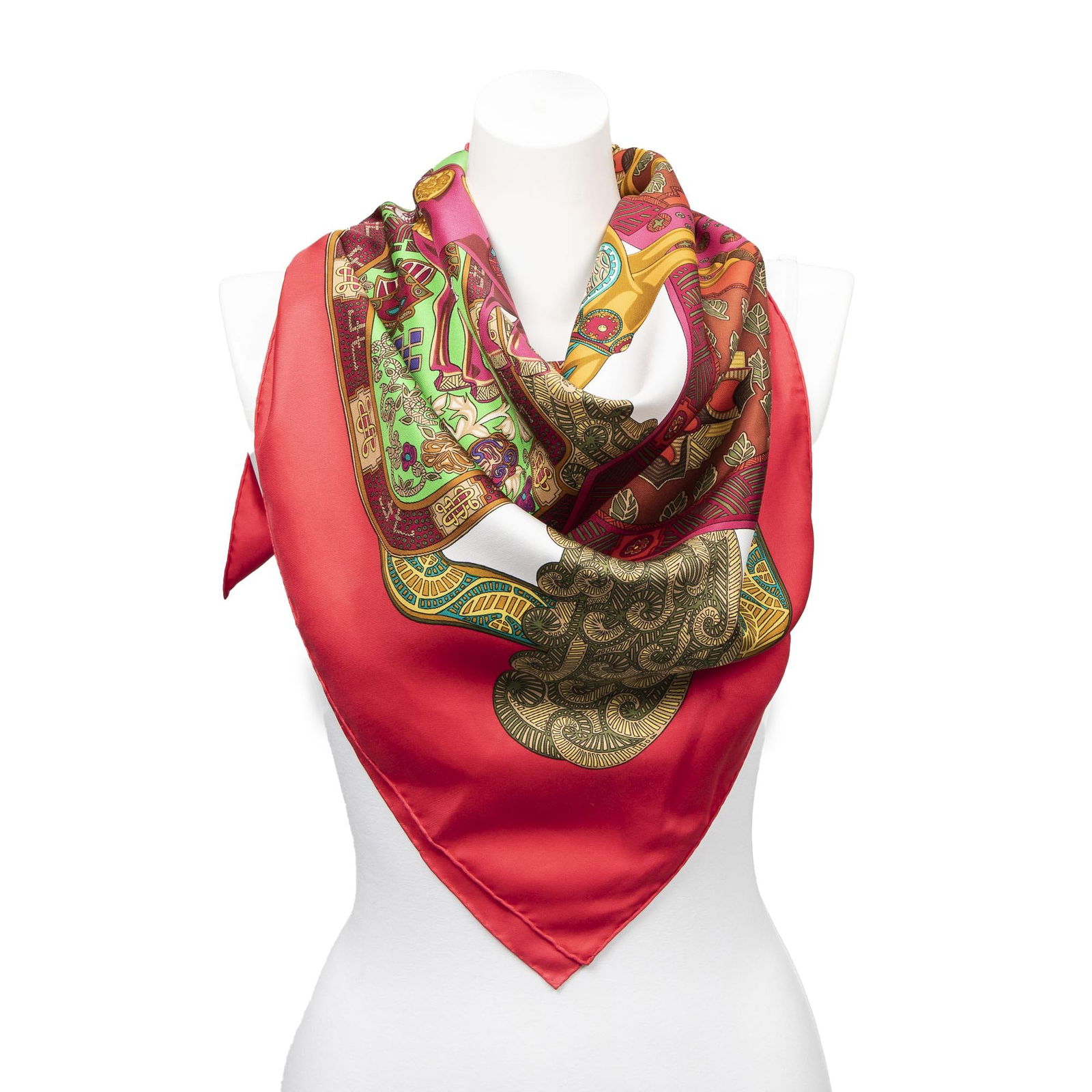 Hermes Scarf Fuchsia/Green/Blue/Yellow: Hermes Scarf Fuchsia/Green/Blue/Yellow 100% Twill Silk,,,Art des Stepes by Annie Faivre France AAX1588 Height: 35 in. by Width: 35