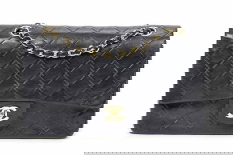Chanel Classic Double Flap Shoulder Bag: Chanel Classic Double Flap Shoulder Bag in Black Quilted Lambskin Leather Interlaced Chain with Black Leather,Gold Hardware. 1949497 (1989-1991)France AAY7205, Height: 6 in. by Width: 10 in. by Depth: