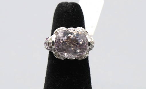 KUNZITE DIAMOND & PINK SAPPHIRE RING: KUNZITE DIAMOND & PINK SAPPHIRE RING. 18K-WHITE GOLD KUNZ+/-9.70CTS P/S+/-2.15TW D+/-0.22TW RING 10.SGR. SIZE 5. (27) DW/Q15BR
