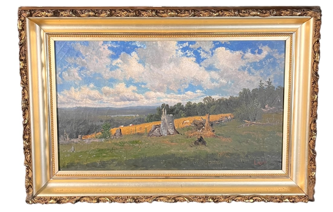 SUMMER LANDSCAPE W/ GRAZING CATTLE C 1900, SIGNED (1 of 4)