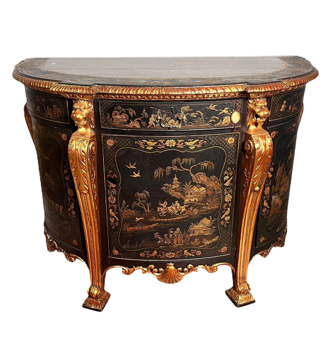 CIRCA 1775 ENGLISH CHINOISERIE DEMILUNE CABINET: CIRCA 1775 ENGLISH CHINOISERIE DEMILUNE CABINET. Height: 36.5 in. by Width: 51 in. by Depth: 24 in.