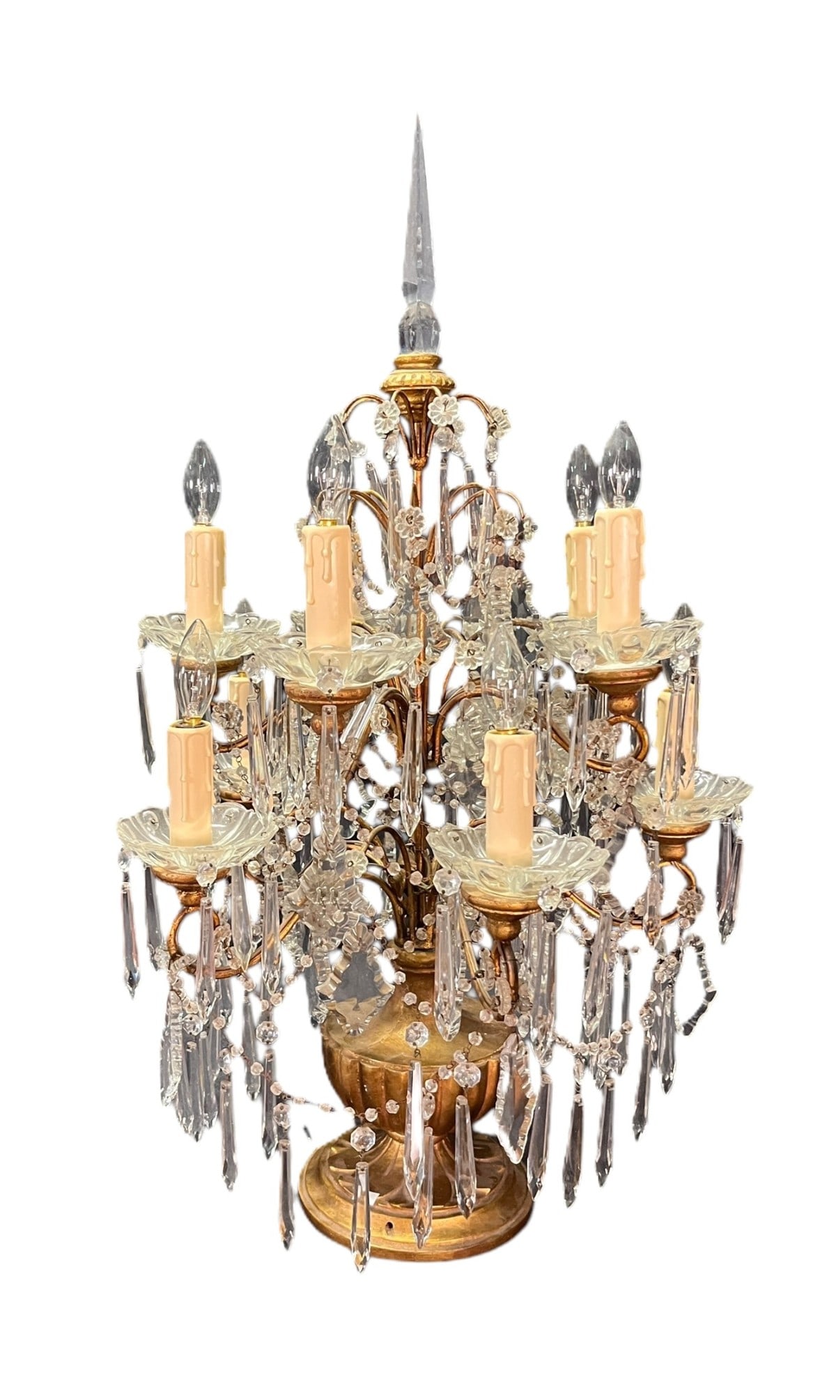 ANTIQUE FRENCH CUT CRYSTAL & GILTWOOD BASE GIRANDOLE: ANTIQUE FRENCH CUT CRYSTAL & GILTWOOD BASE GIRANDOLE. Height: 30 in. by Width: 19 in. by Depth: 19 in.