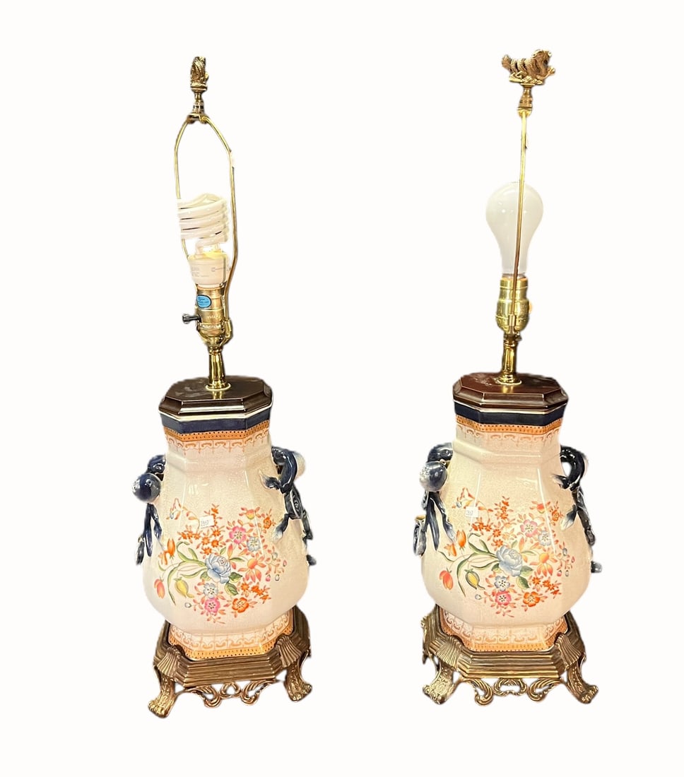 PAIR OF ANTIQUE PORCELAIN LAMPS: PAIR OF ANTIQUE PORCELAIN LAMPS Height: 30 in. by Width: 9.5 in. by Depth: 8 in.