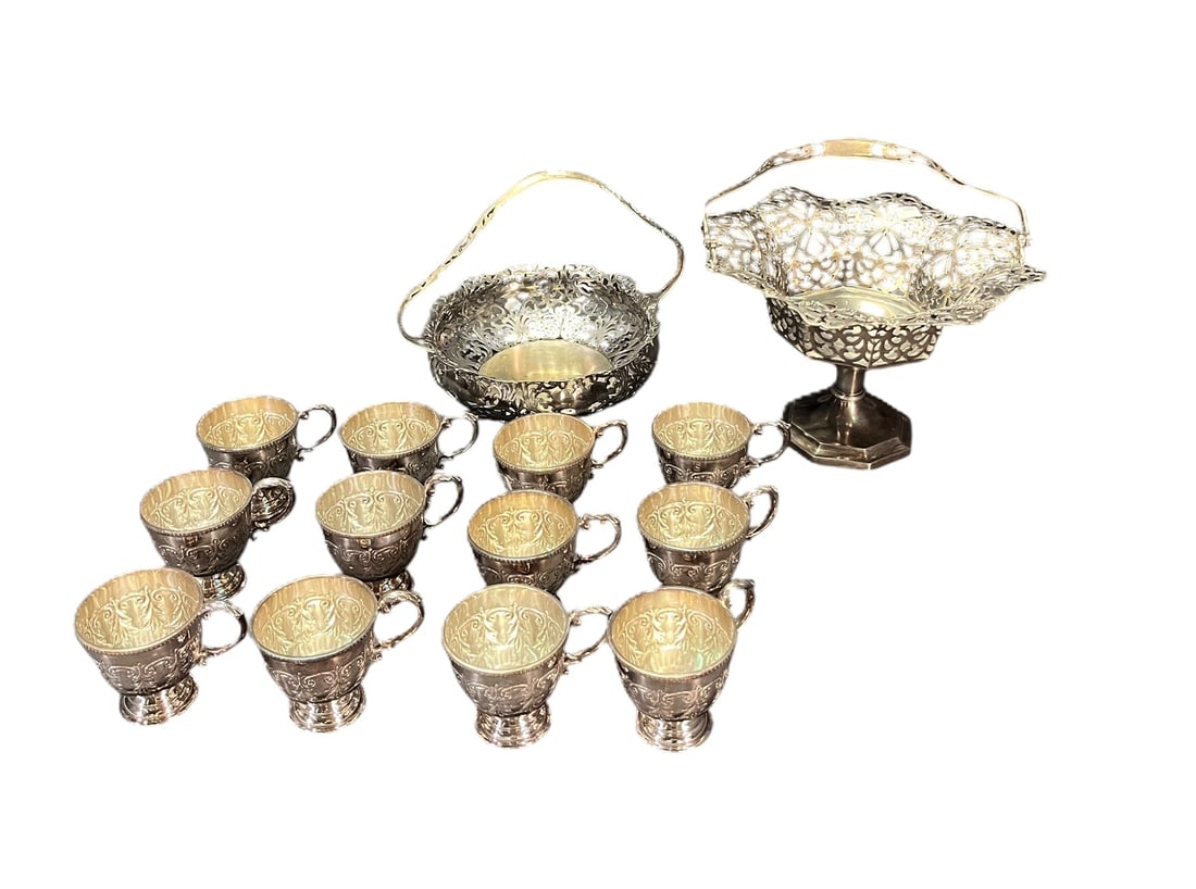 TWO VINTAGE SILVER PLATE CANDY BOWLS AND 12 CUPS: TWO VINTAGE SILVER PLATE CANDY BOWLS AND 12 CUPS Height: 7.5 in. by Width: 11 in. by Depth: 11 in.