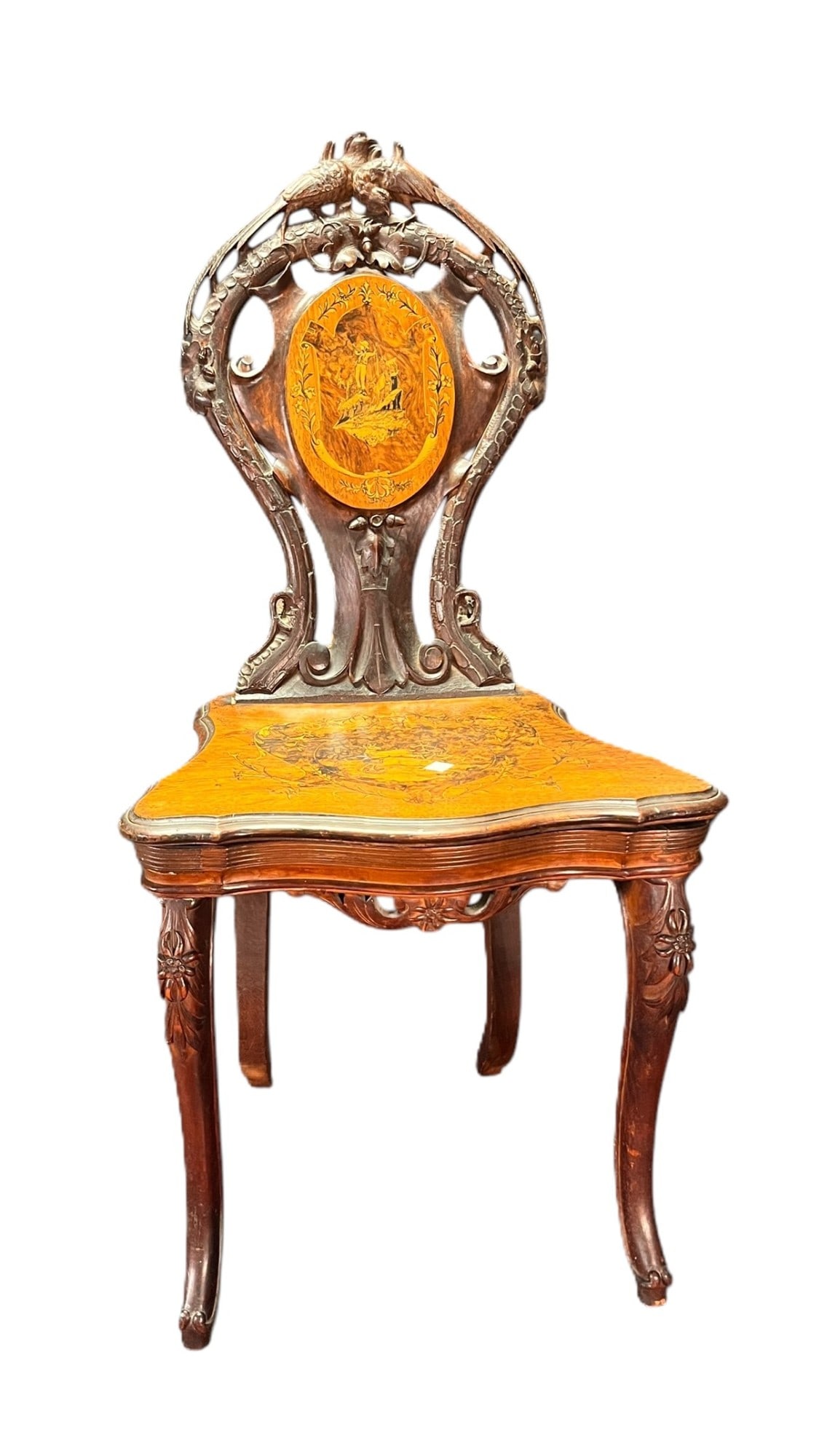 NUTWOOD EDELWEIS MARQUETRY CHAIR -SWISS BRIENZ: NUTWOOD EDELWEIS MARQUETRY CHAIR -SWISS BRIENZ Height: 38 in. by Width: 18 in. by Depth: 15 in.