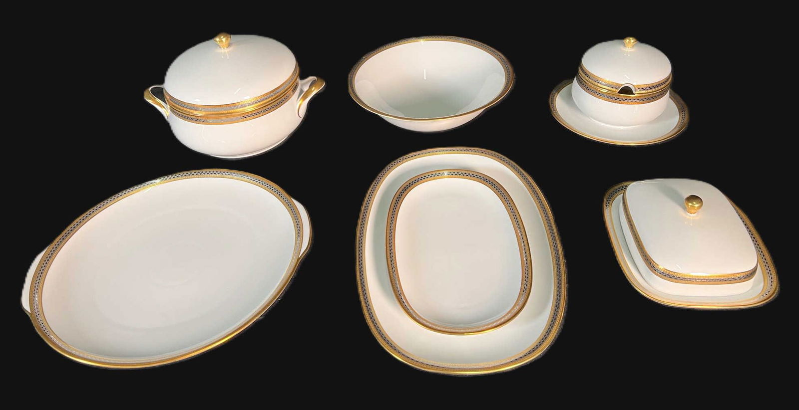 Olivia Hutschenreuther fine china with Platinum an: Olivia Hutschenreuther fine china with Platinum and Gold trim. Service Set includes two oval platters, ragout tureen, sauce bowl, cake platter, butter dish