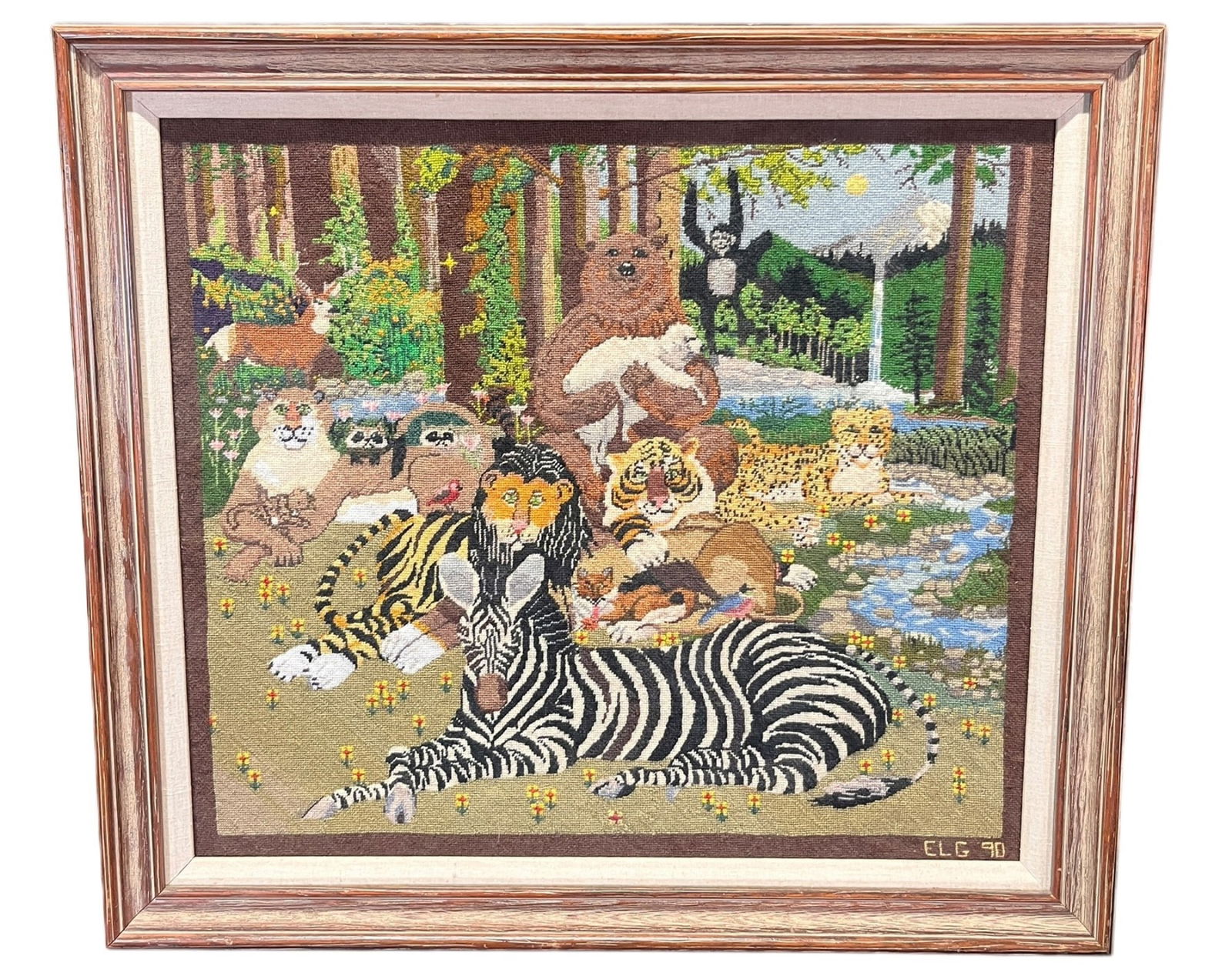 NEEDLEPOINT OF ANIMALS IN THE JUNGLE Height: 22 in. by Width: 24 in.: NEEDLEPOINT OF ANIMALS IN THE JUNGLE Height: 22 in. by Width: 24 in.