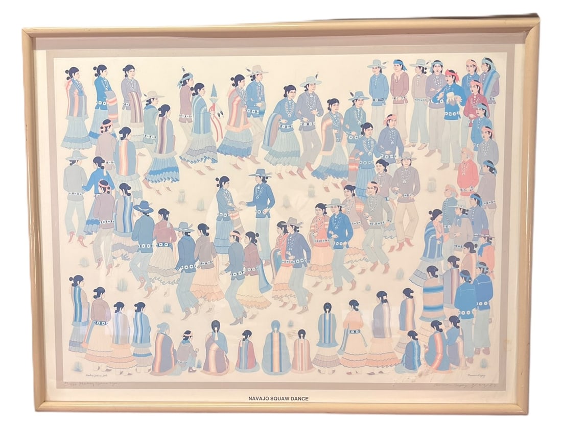HARRISON BEGAY "NAVAJO SQUAW DANCE" LITHOGRAPH, EDITION #82/750, 9/23/83: HARRISON BEGAY "NAVAJO SQUAW DANCE" LITHOGRAPH, EDITION #82/750, 9/23/83. Height: 27 & 22 in. by Width: 34 & 30 in. by Depth: 1.25 in.