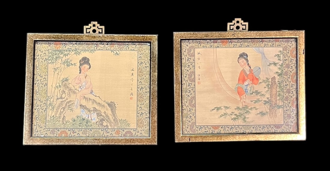 SET OF TWO VINTAGE ASIAN TAPESTRIES FRAMED Height:  10.5 in. by Width: 12.5 in. (1 of 3)
