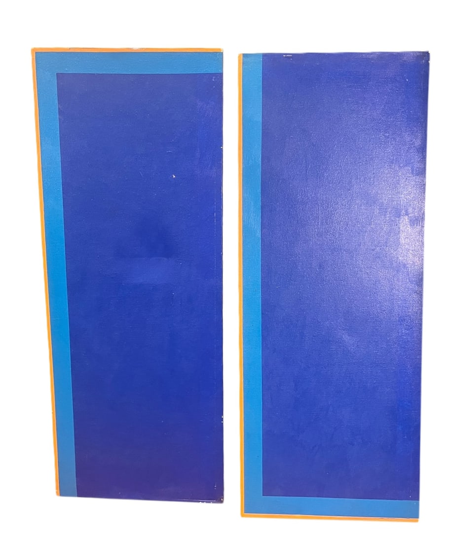PAIR OF BLUE AND ORANGE ABSTRACT PANELS OIL ON  CANVAS DYPTIC Height: 60 in. by Width: 23.2 in. (1 of 3)