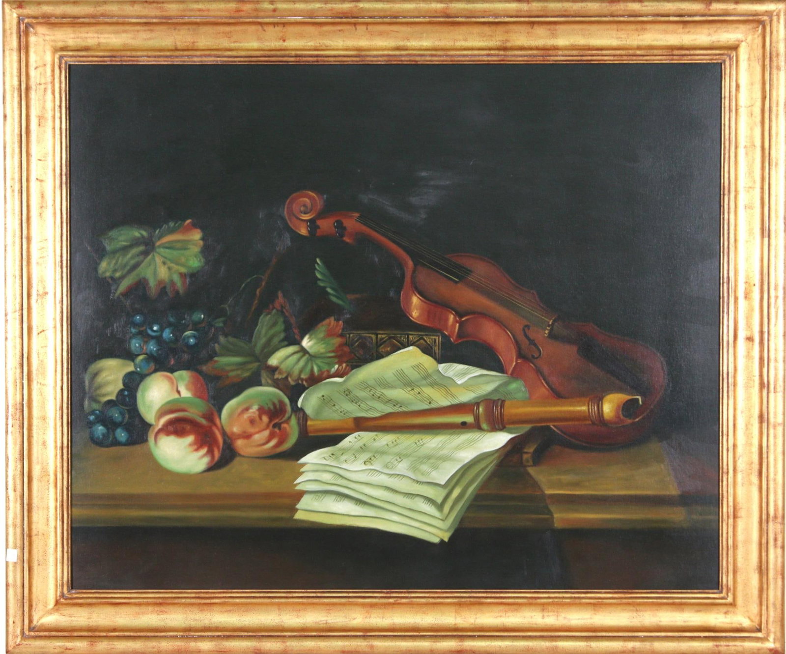 OIL PAINTING STILL LIFE OF VIOLIN AND FRUIT: OIL PAINTING STILL LIFE OF VIOLIN AND FRUIT Height: 42 1/2 in. by Width: 50 1/2 in.
