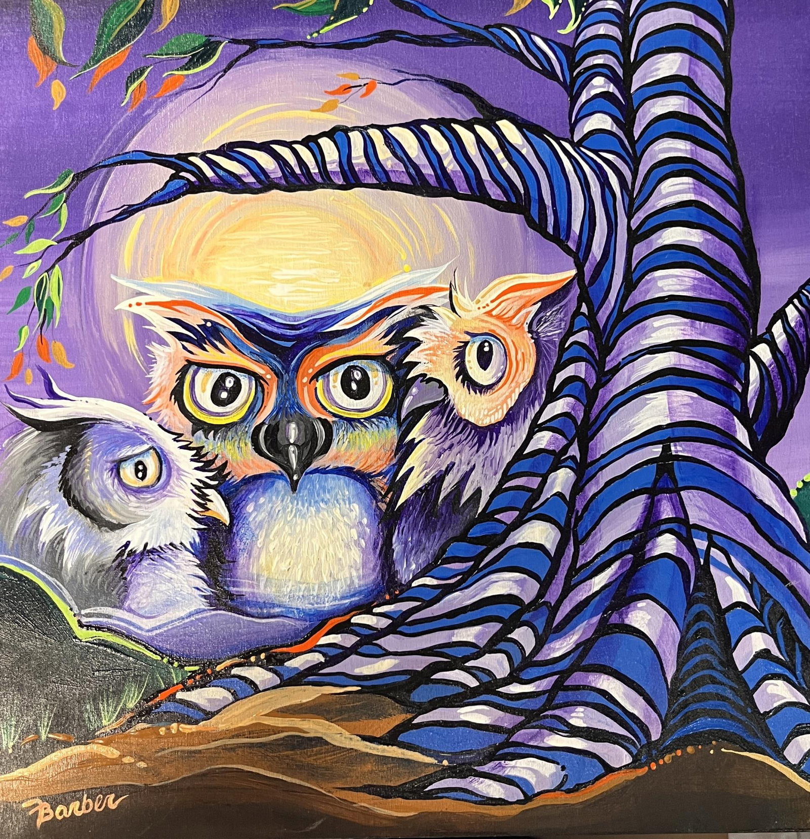 PURPLE OWLS ACRYLIC ON WOOD BY BARBER Height: 12 in. by Width: 13 in. by Depth: 12 in.: PURPLE OWLS ACRYLIC ON WOOD BY BARBER Height: 12 in. by Width: 13 in. by Depth: 12 in.