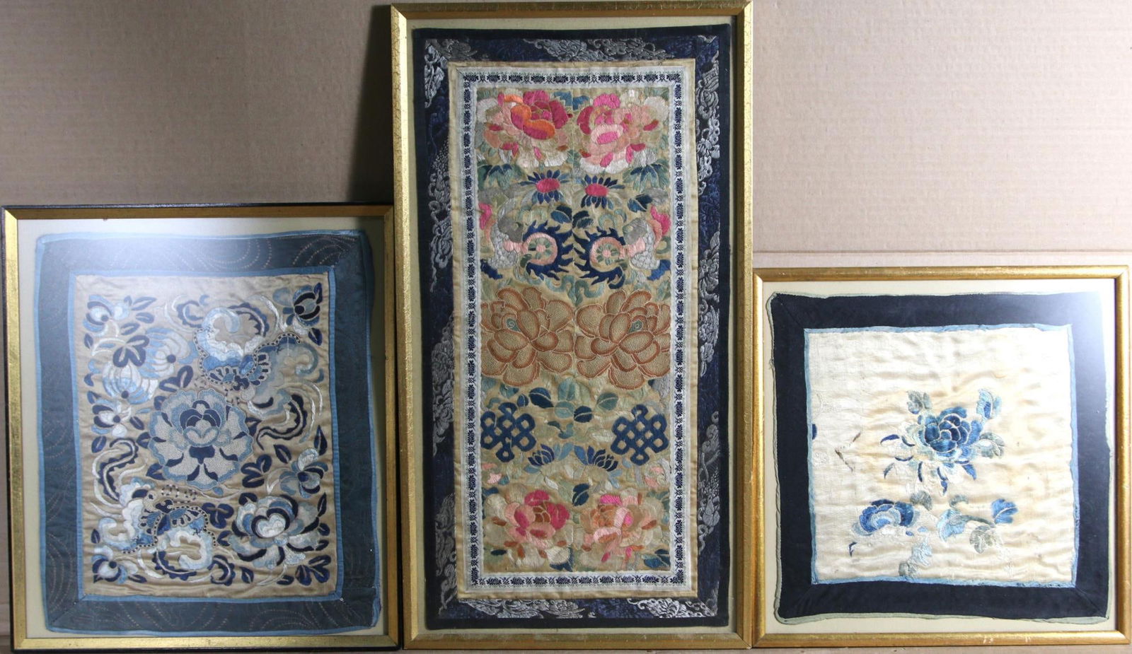 SET OF THREE FRAMED SILK EMBROIDERIES. Height: 23  in. by Width: 12 in. (1 of 4)