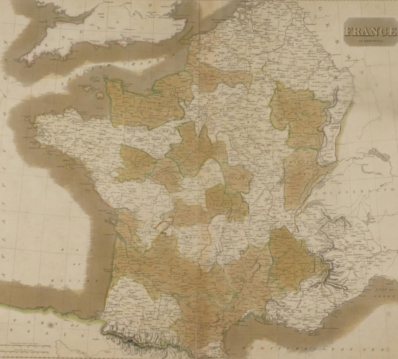 ANTIQUE FRAMED MAP OF FRANCE BY JOHN THOMPSON. Height: 20 in. by Width: 30 in.: ANTIQUE FRAMED MAP OF FRANCE BY JOHN THOMPSON. Height: 20 in. by Width: 30 in.