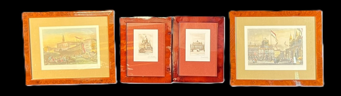 SET OF FOUR PRINTS IN BURLED WOOD FRAMES: SET OF FOUR PRINTS IN BURLED WOOD FRAMES